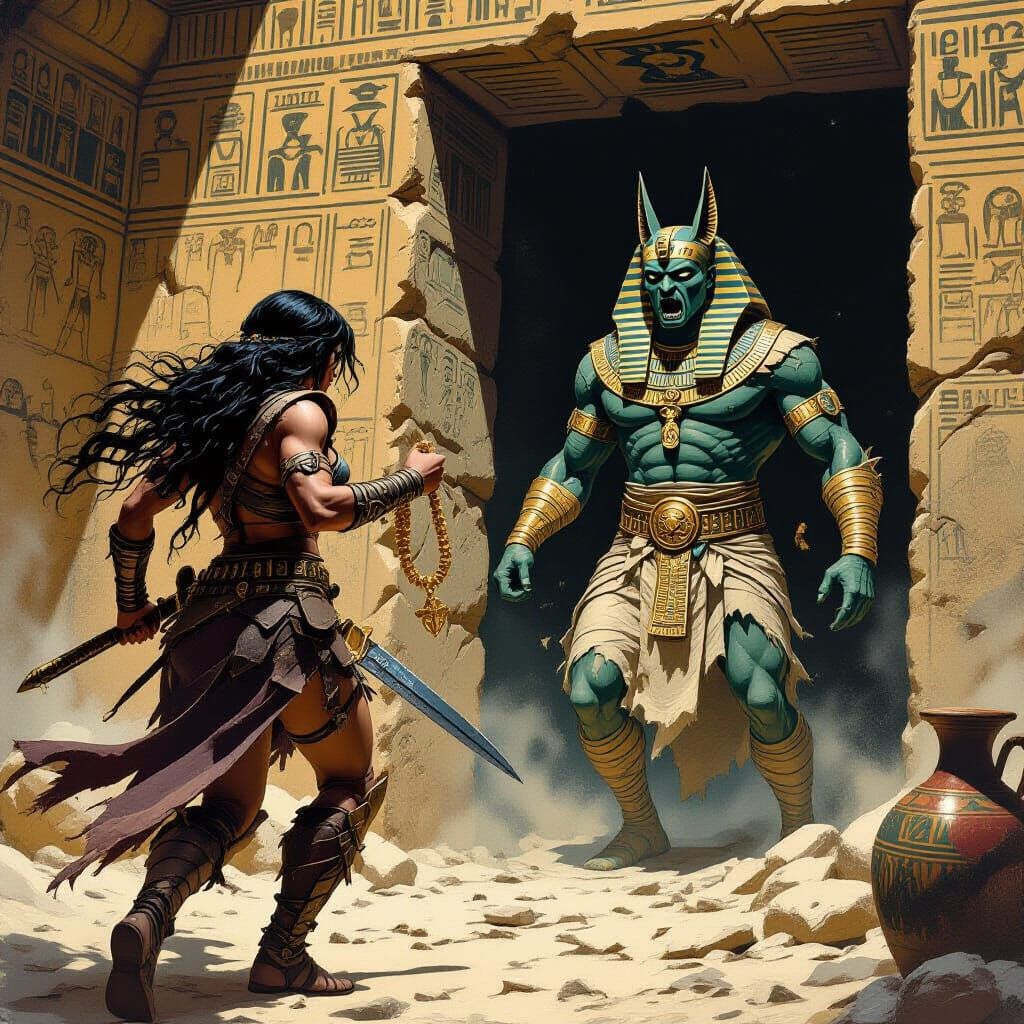 Persian Barbarian Fights Mummy in Egyptian Crypt