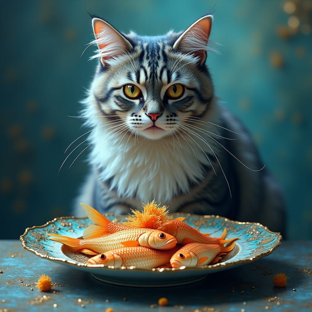 Majestic Cat with Golden Fish Plate