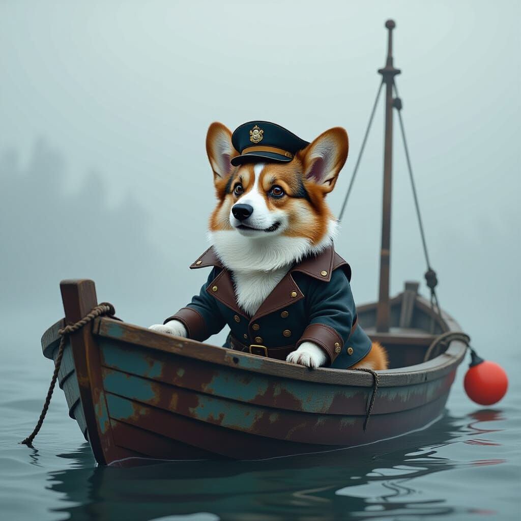 Corgi Captain Navigates Foggy Seas in Fantasy Art