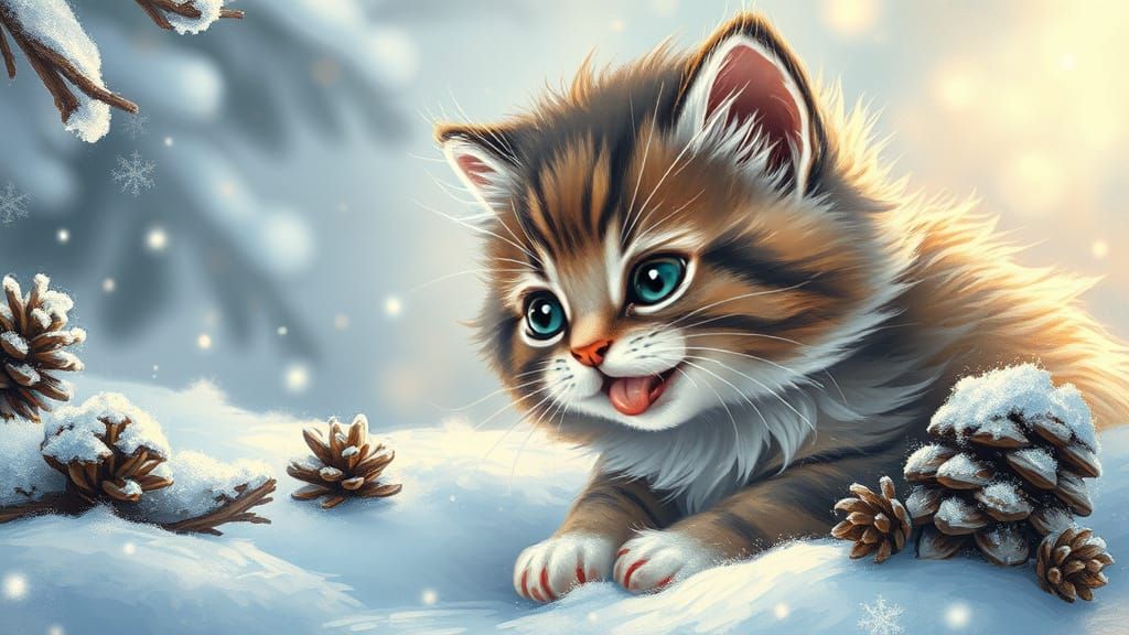 Whimsical Winter Kitten in Delacroix-Inspired Art