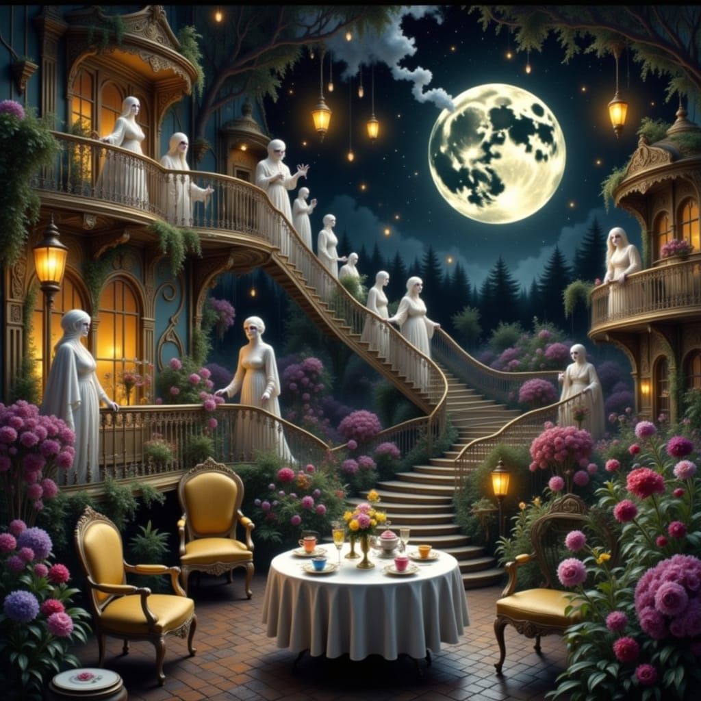 Surreal Ghostly Tea Party in English Garden