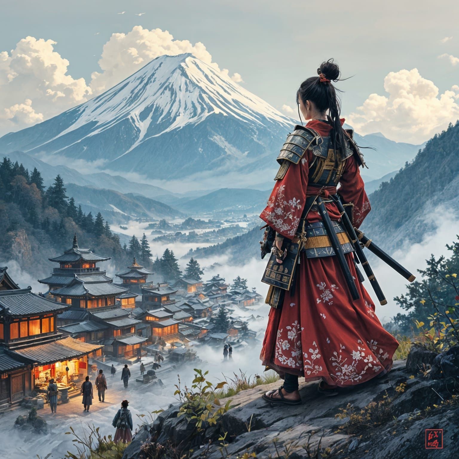 Female Samurai Overlooking Village, Digital Art