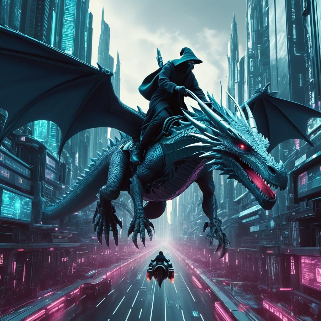 Wizard on Cyber Dragon in Retrofuturistic City
