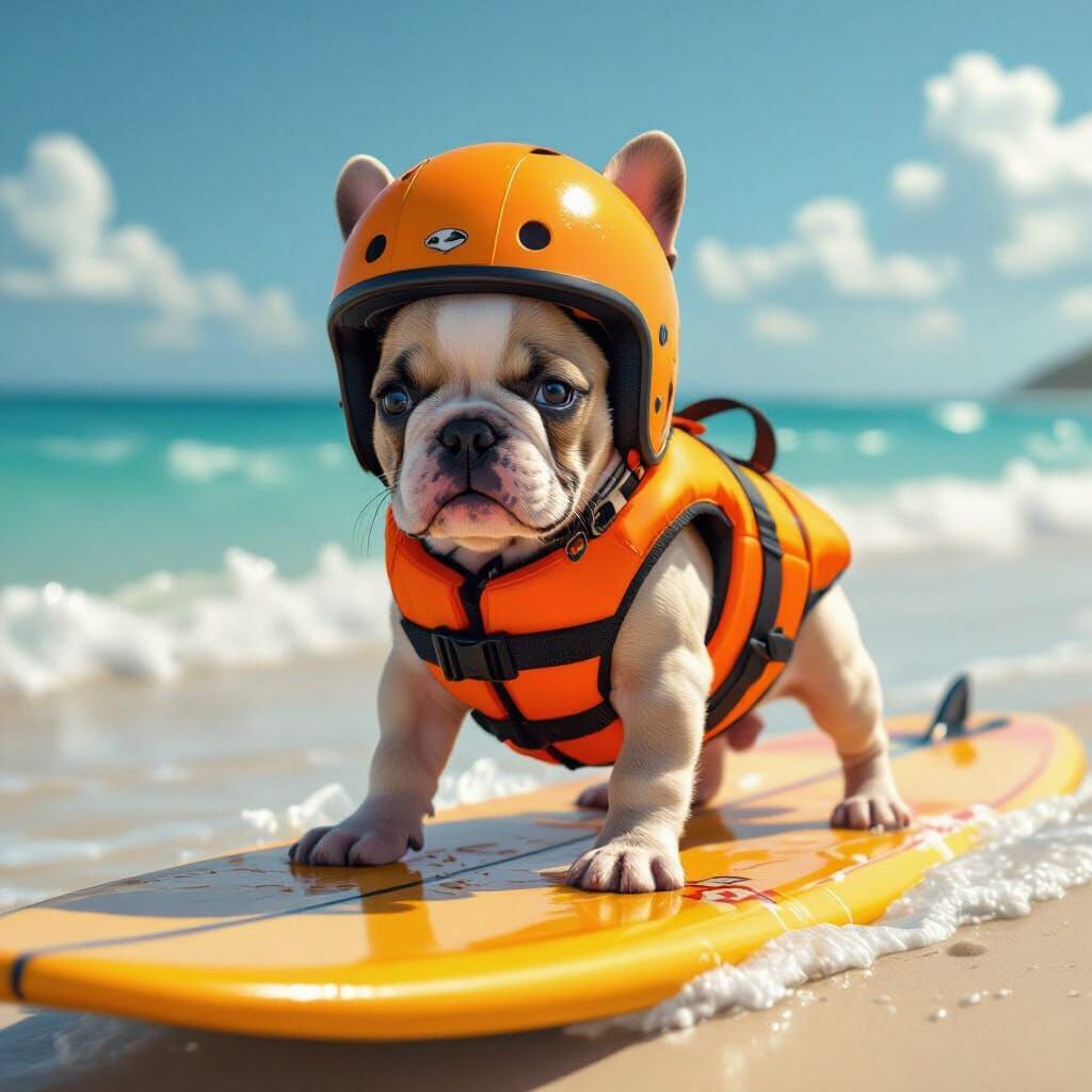 French Bulldog Surfs Beach in Life Jacket & Helmet