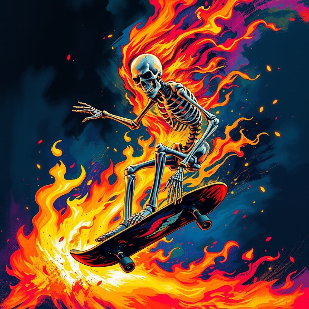 Skeleton Skateboarder on Fire in Graffiti Style