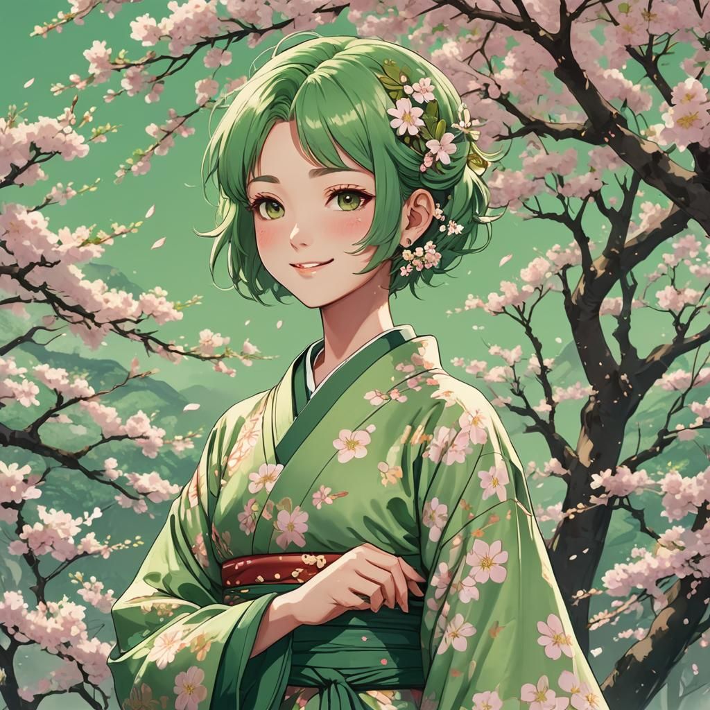 Anime Girl in Green Kimono with Cherry Blossoms