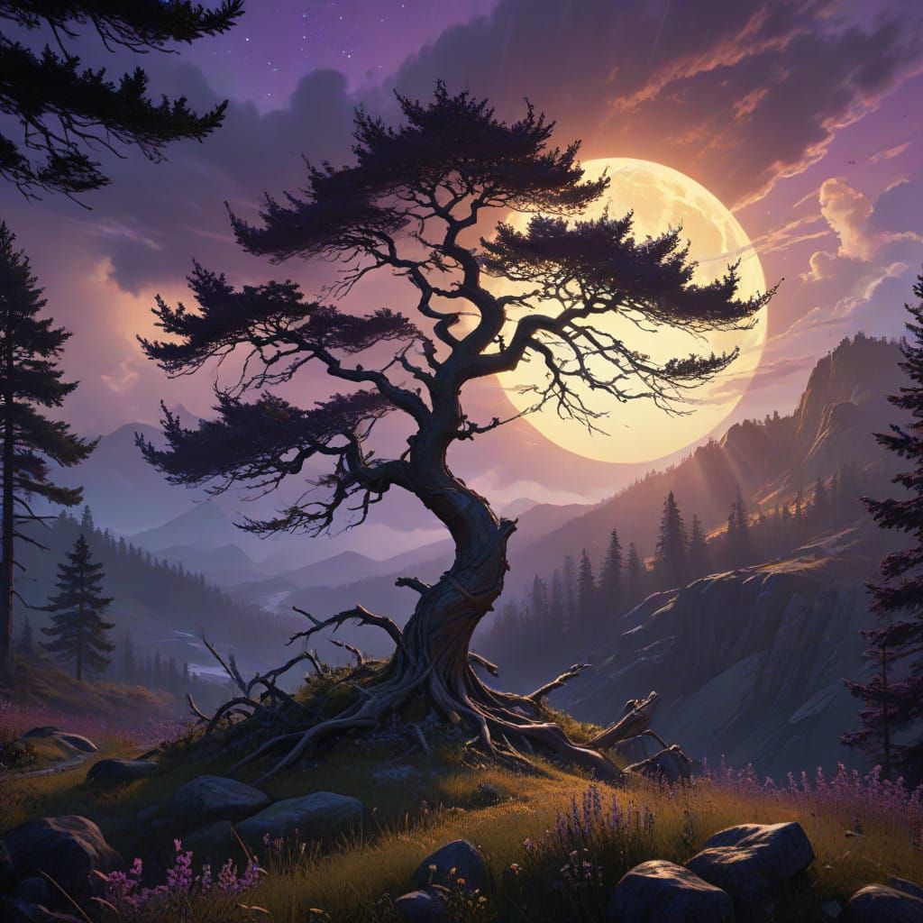 Moonlit Sentinel: A Majestic Spruce Tree in Dark Fantasy Sty...