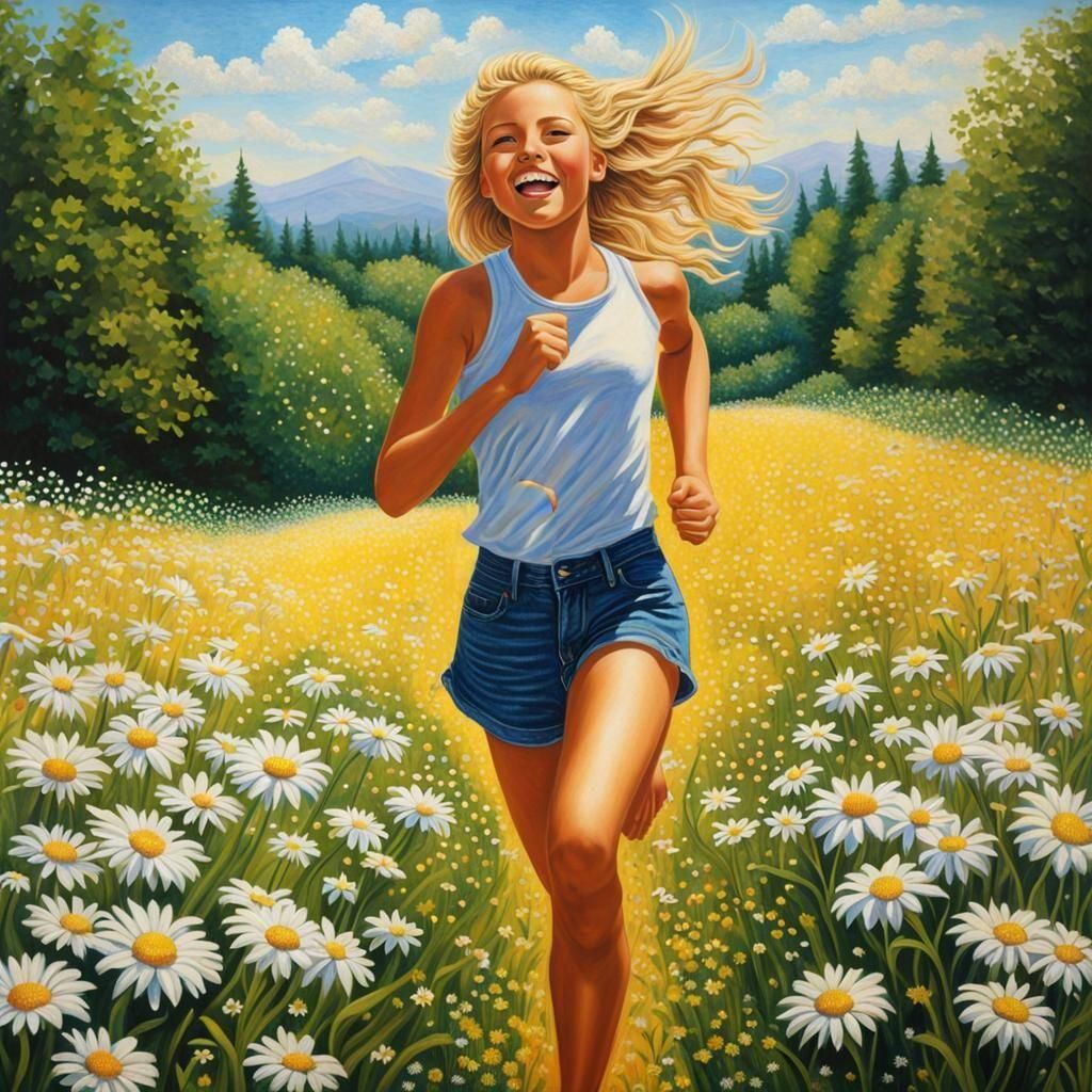 Girl in Daisy Field: A Pointillist Summer Scene