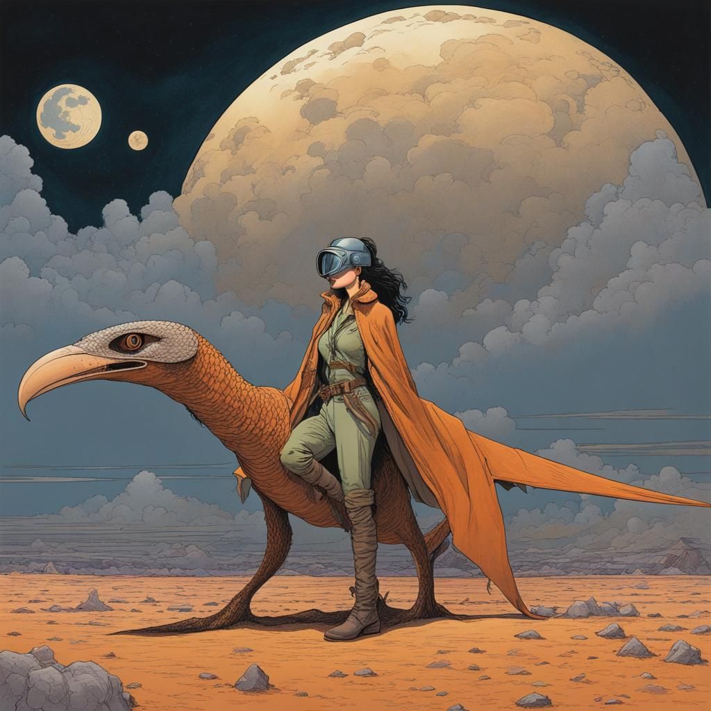 Pilot Woman on Pterodactyl in Moebius Style