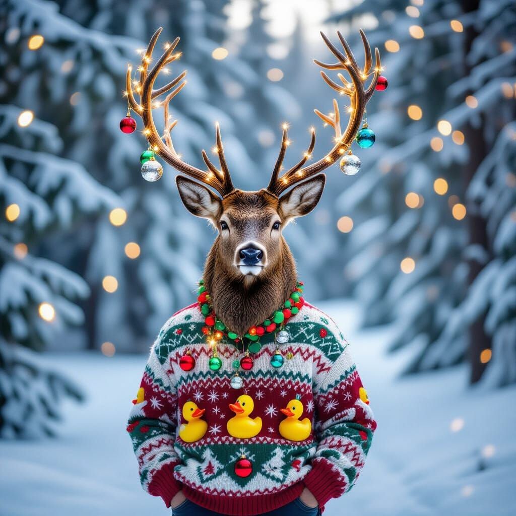 Majestic Stag in Snowy Forest with Whimsical Christmas Sweat...