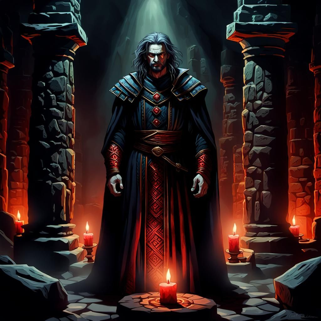 Obsidian Prophet in Misty Chamber: Dark Fantasy Illustration