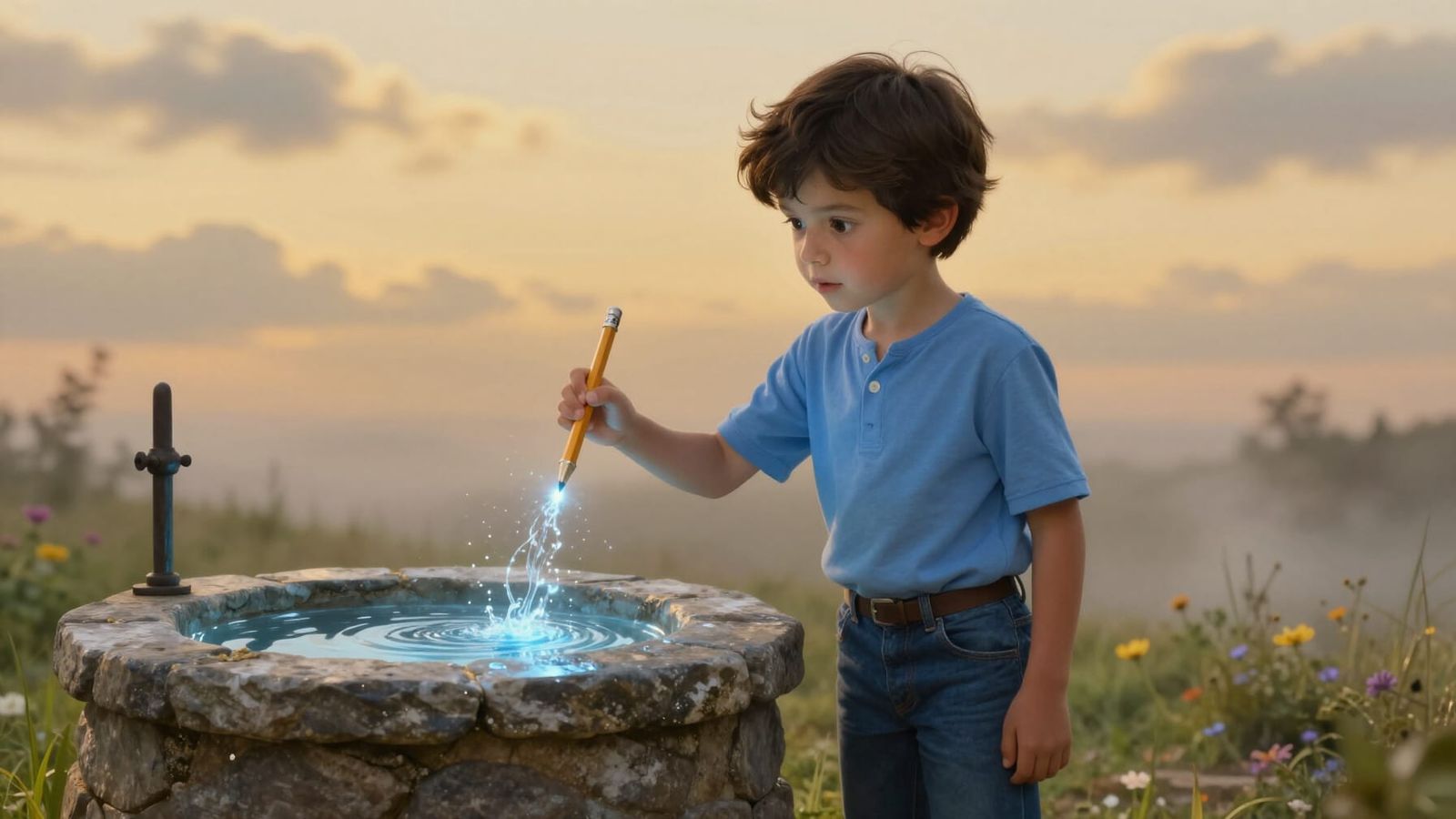 Boy Creates Water with Magic Pencil in Fairy Tale Well
