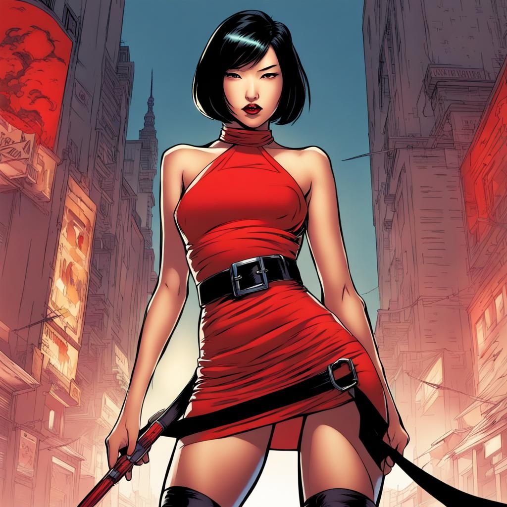 Asian Woman in Red Dress, Comic Book Art