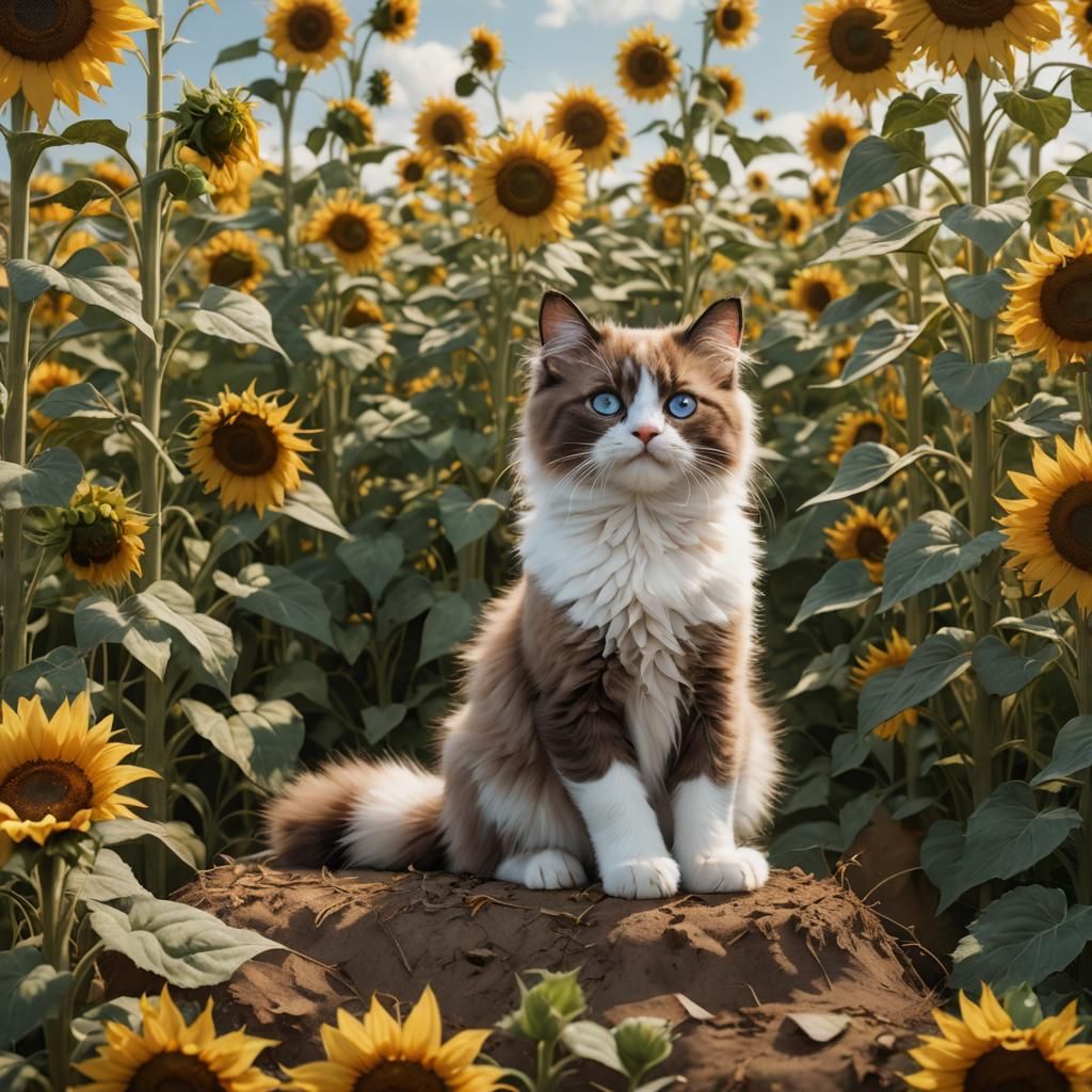 Ragdoll Kitten in Sunflower Field: Fantasy Concept Art