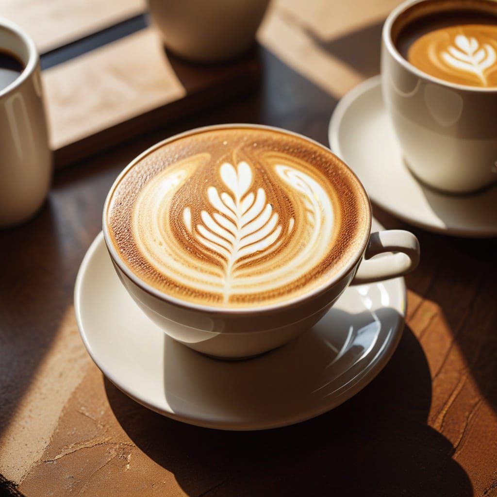 Golden Latte Art in Soft Focus on a Classic Table