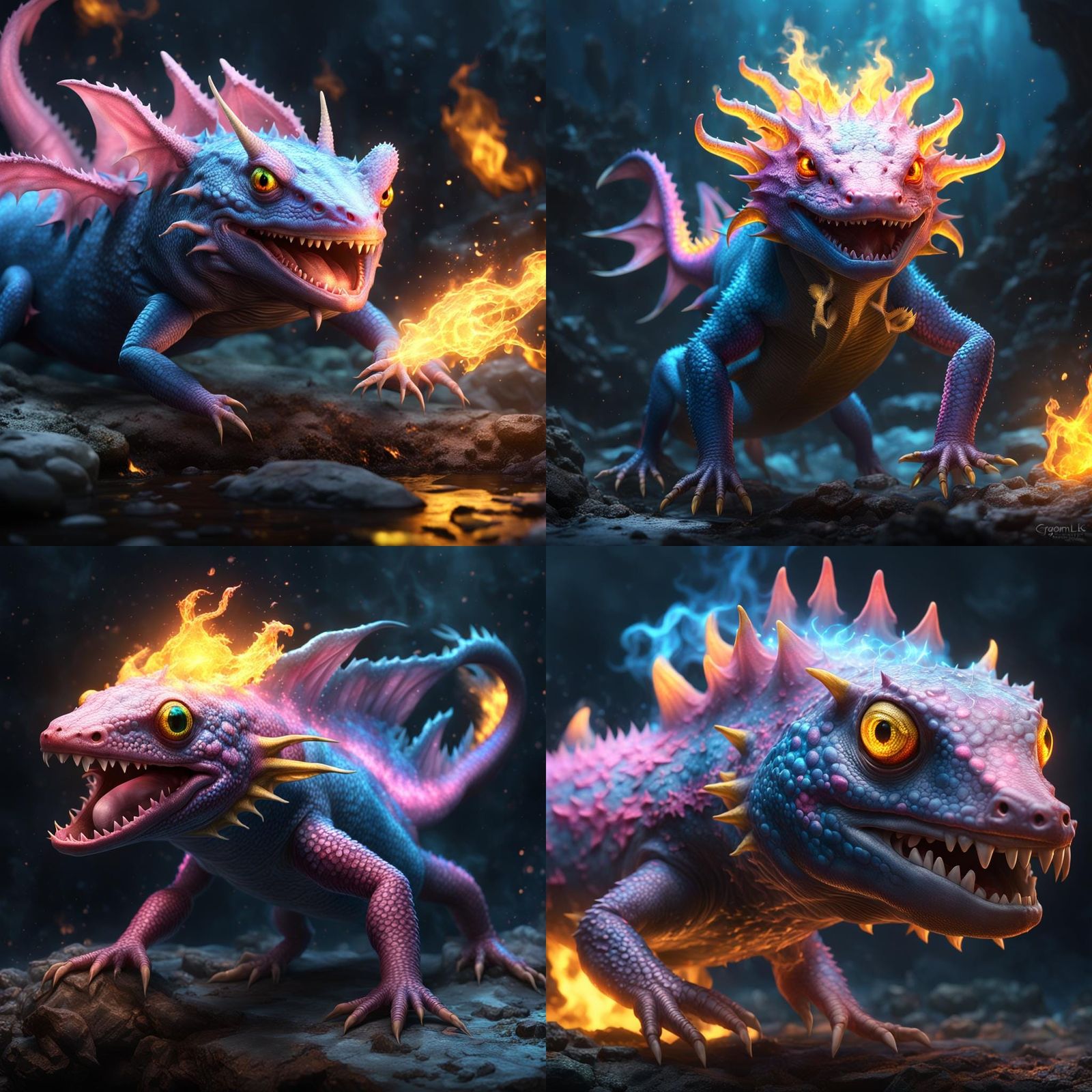 Fearsome Axolotl Dragon Scorching with Blue Fire