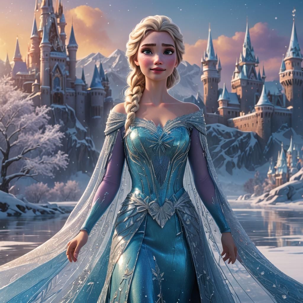 Princess Elsa on Frozen Lake in Cartoon Art