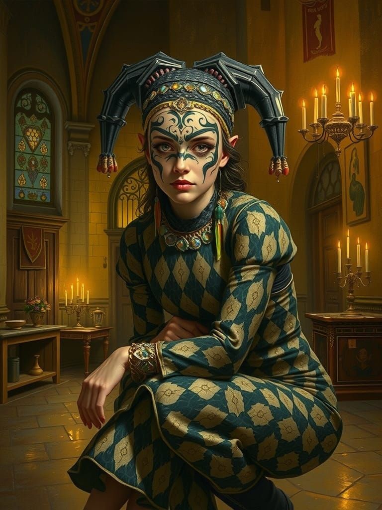 Captivating Harlequin Woman in Medieval Hall