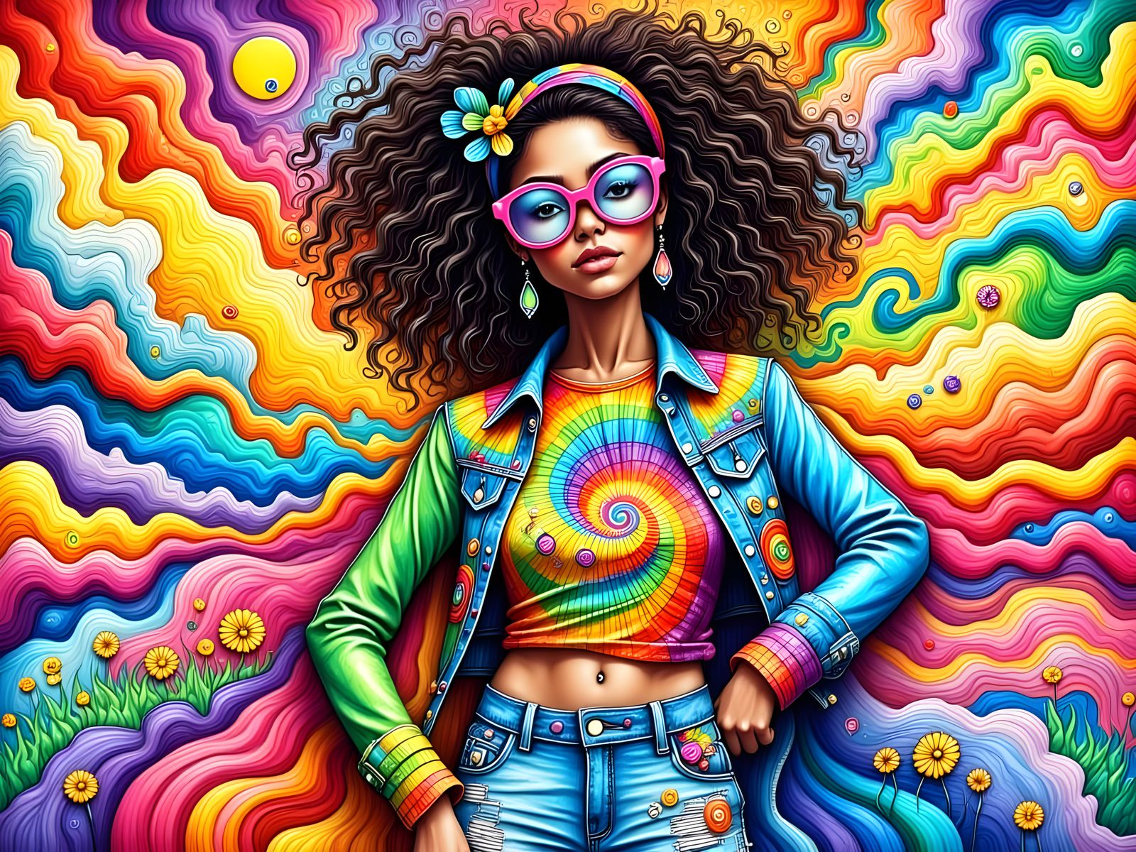 Psychedelic Hippie Woman in Embroidered Denim Jacket and Tie...