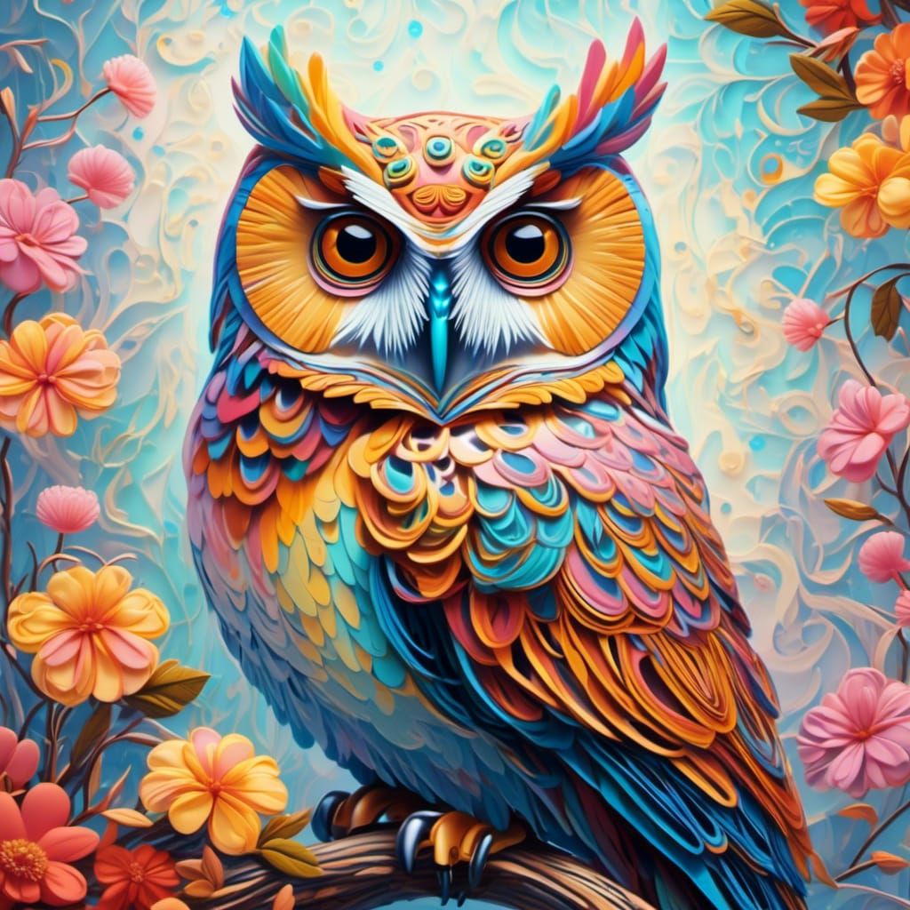 Pastel Owl with Abstract String Theory Background