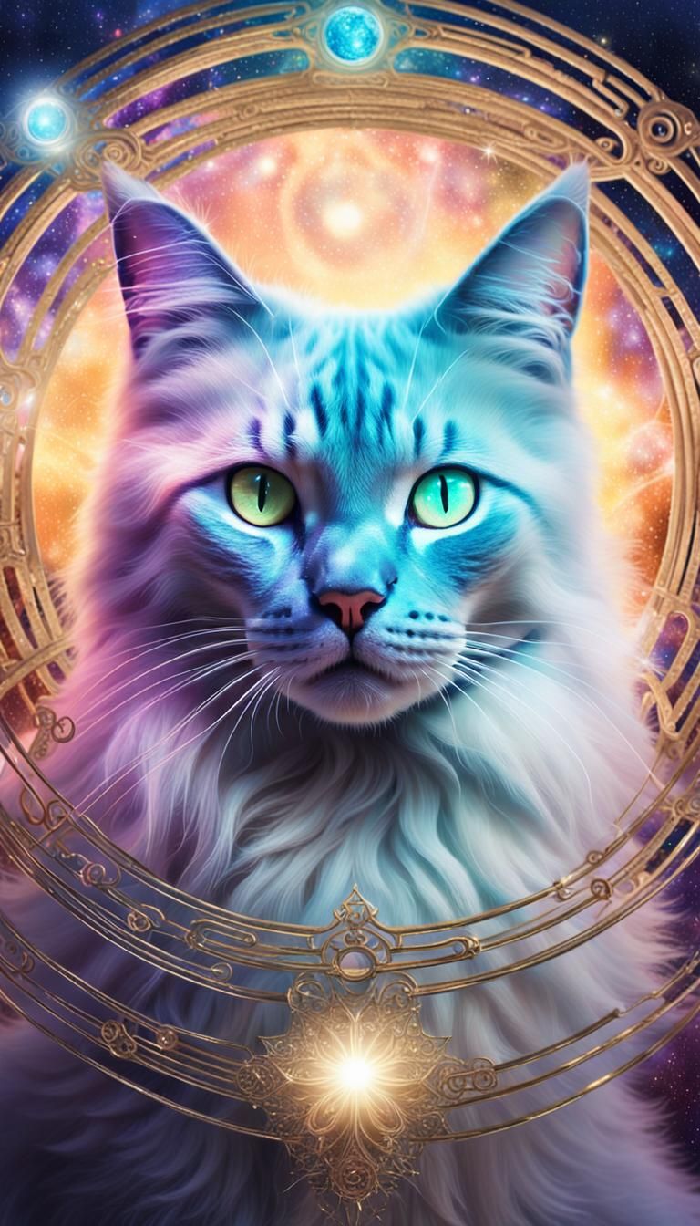 Cat with Cosmic Eyes on Mystical Portal in Surrealism