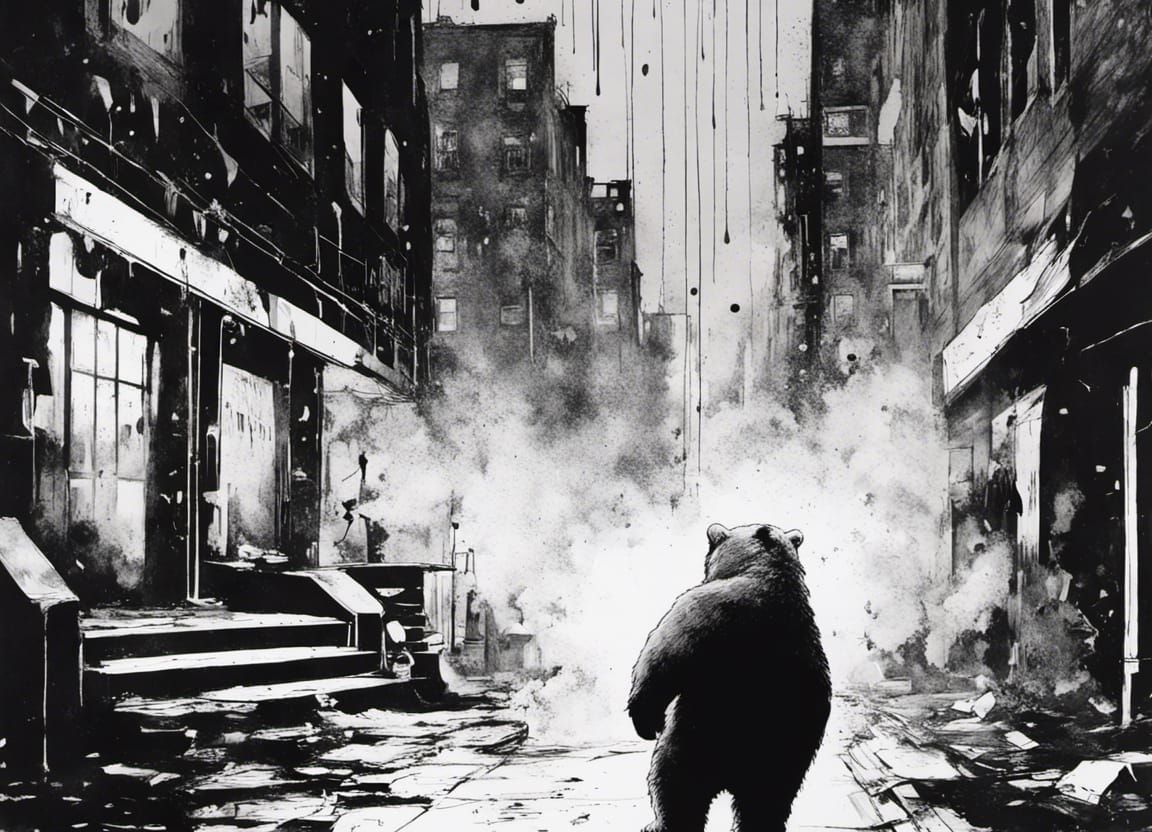 Sad Bear in New York Alley: Black Ink Drawing