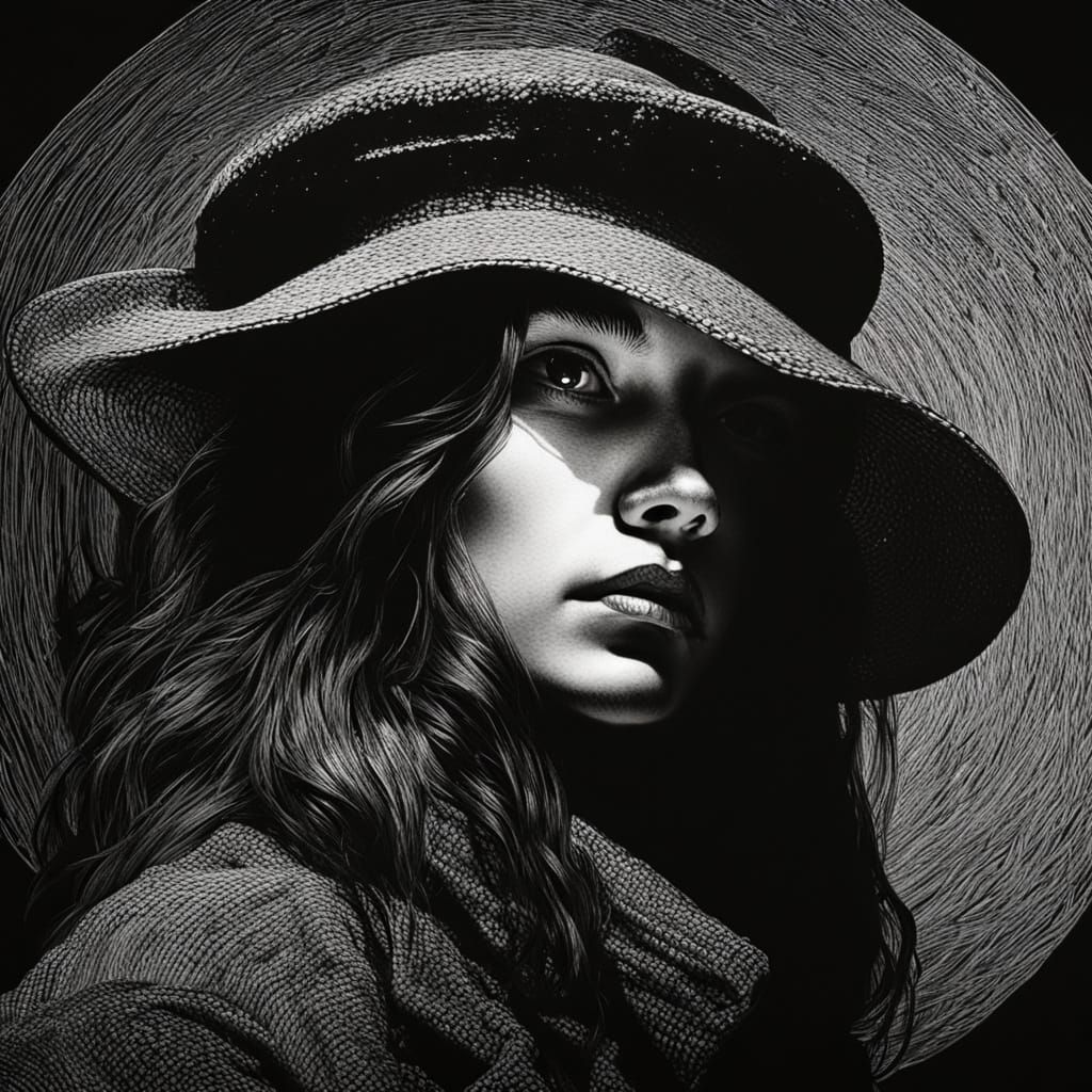 Neon Portrait of Girl with Hat in Baroque Style
