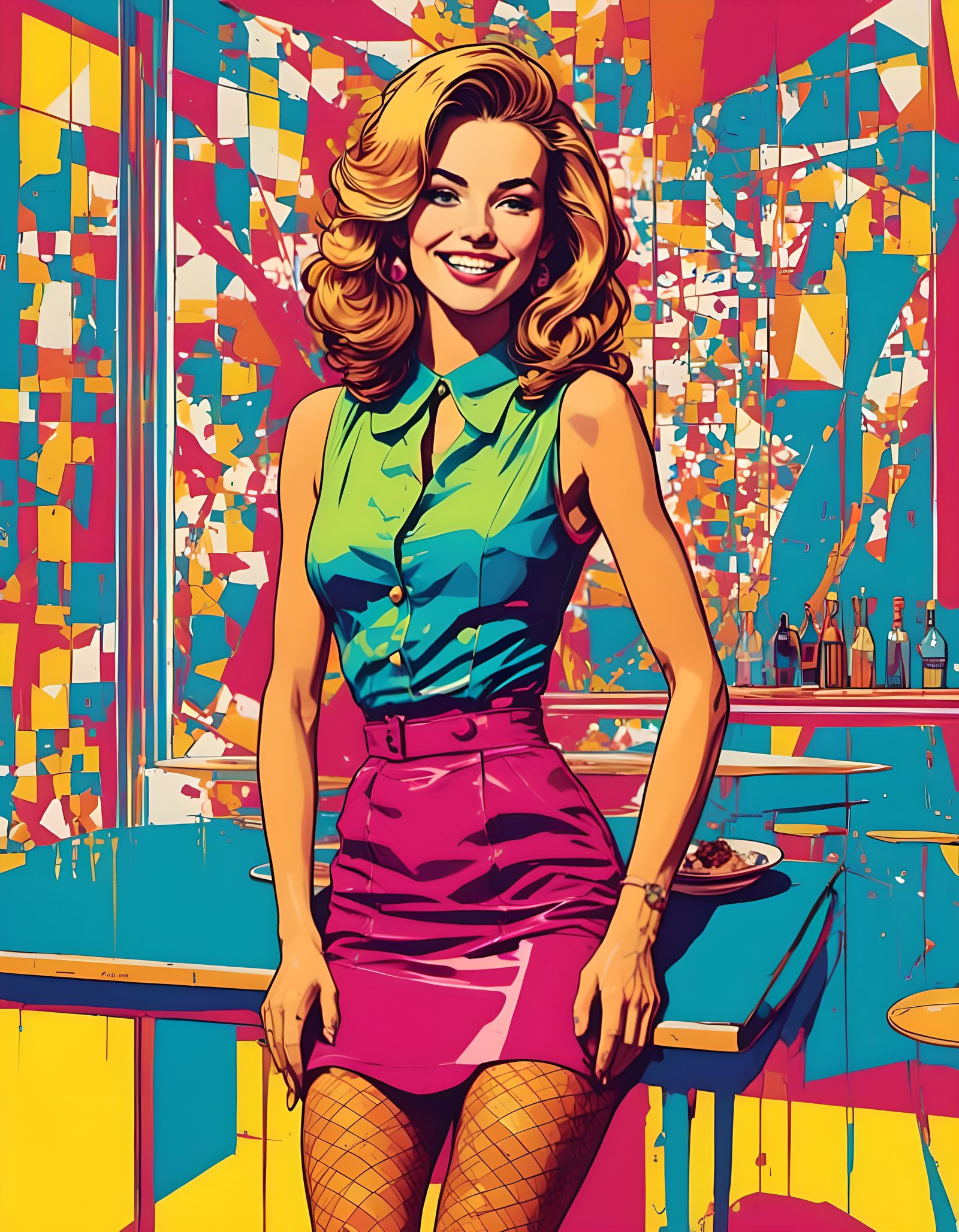 1980s New Wave Waitress in Pop Art Style