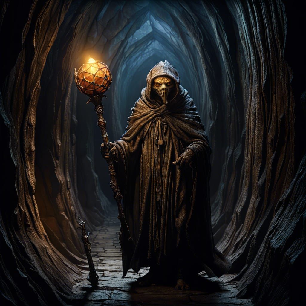 Mysterious Cloaked Figure in Dark Cavern