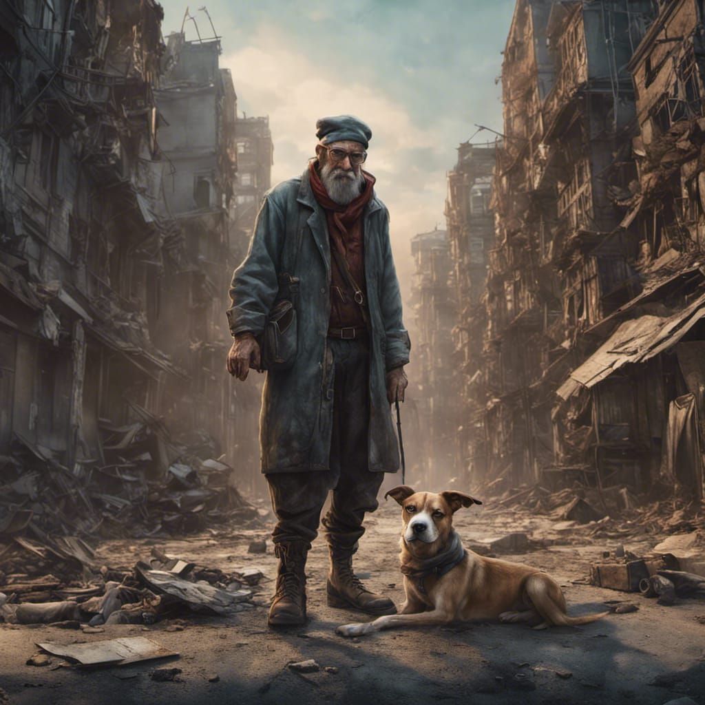 Post-Apocalyptic Beggar in Ruined City, Detailed Matte Paint...