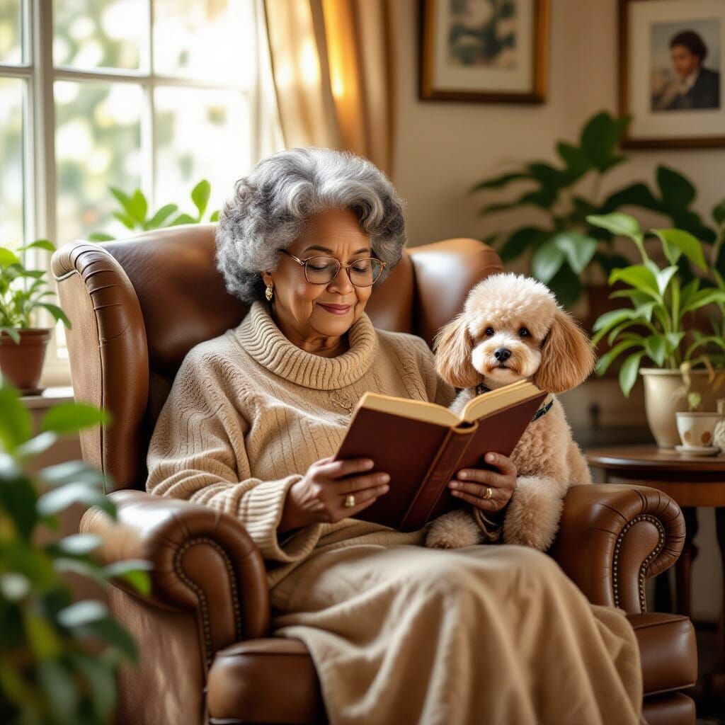 Elderly Woman Reading, Hyperrealistic Soft-Focus Rendering