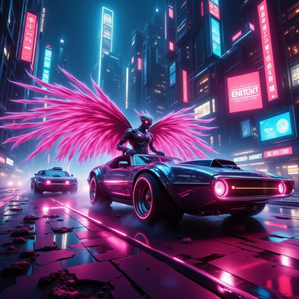 Angel-Demon Races Hot Rod in Cyberpunk Metropolis