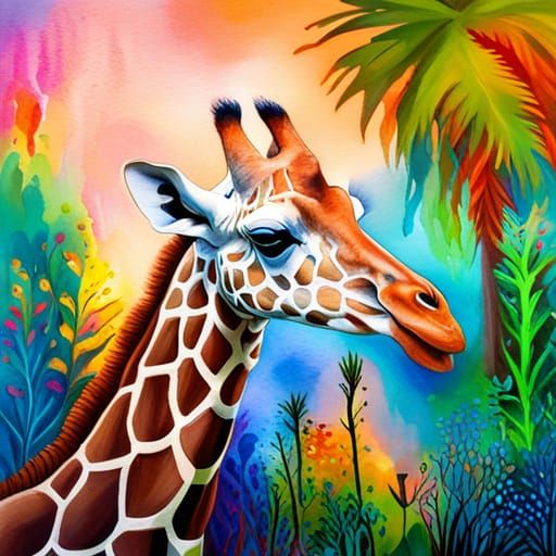 Vibrant Watercolor Giraffe with Graffiti Elements