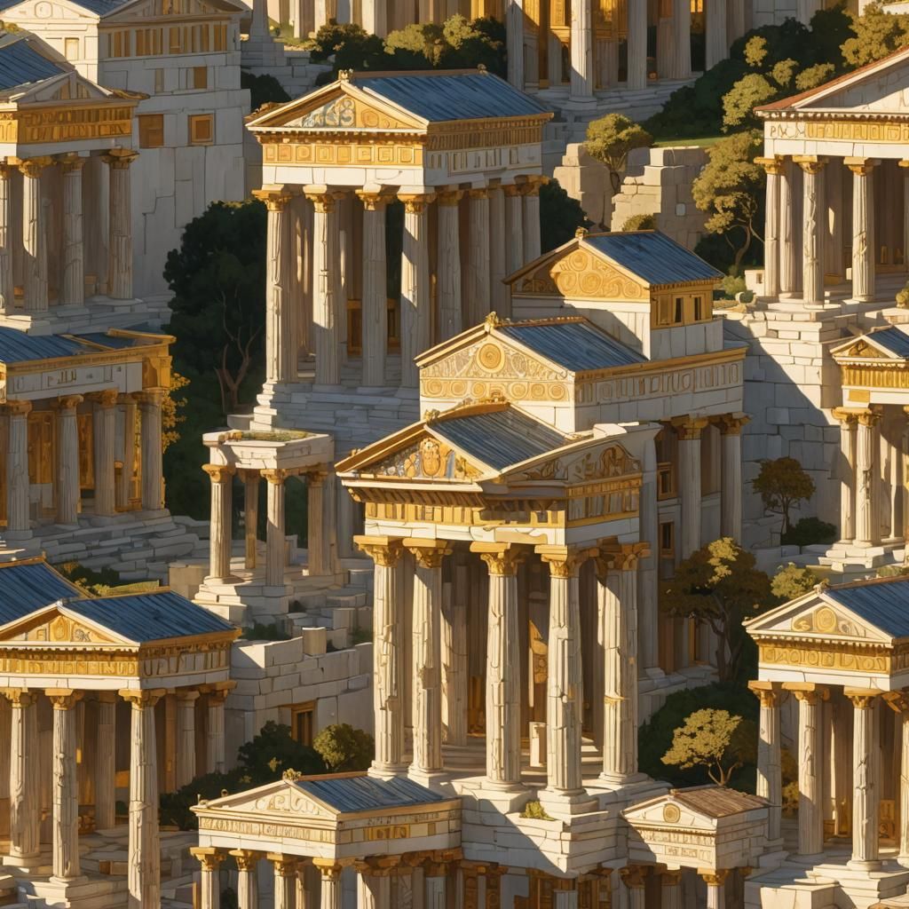 Greek Temple in Klimt-Inspired Sunshine