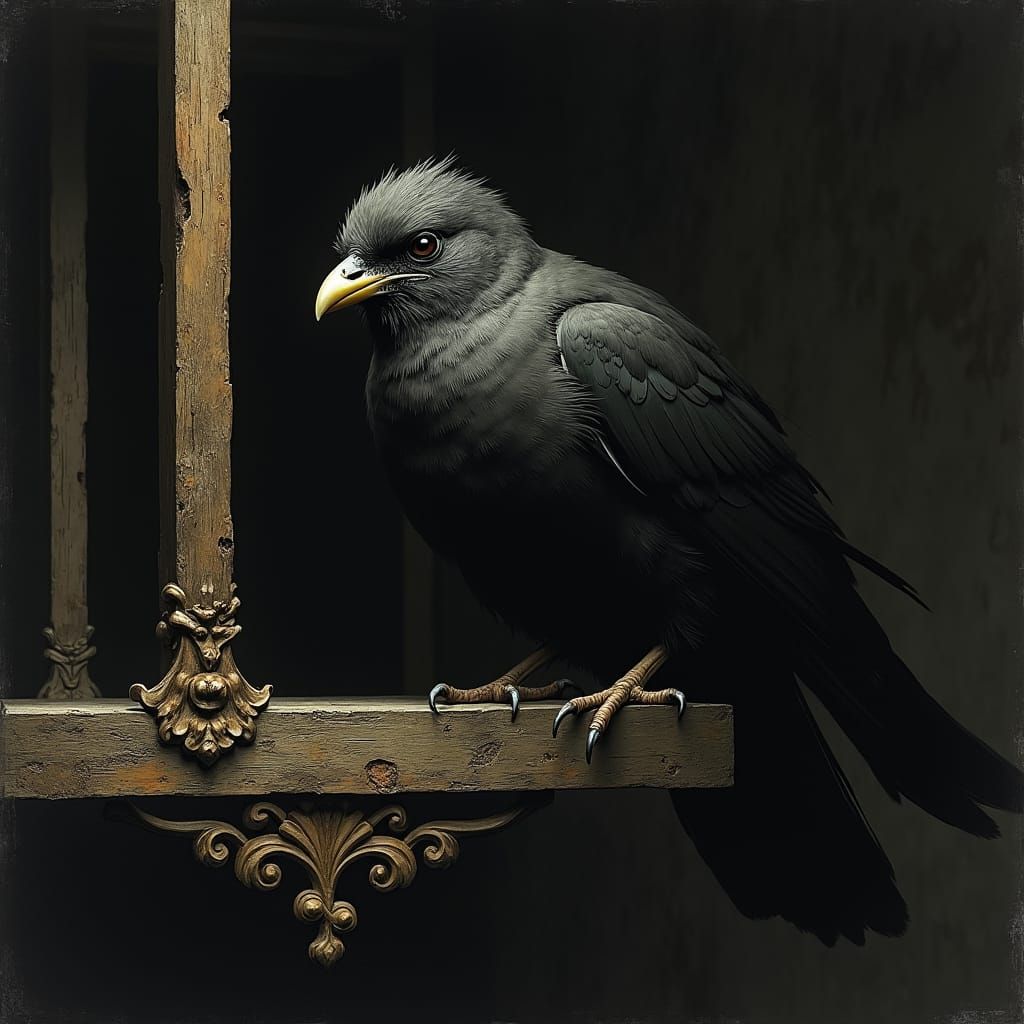 Gothic Bird in Cage: Victorian Newsprint Style