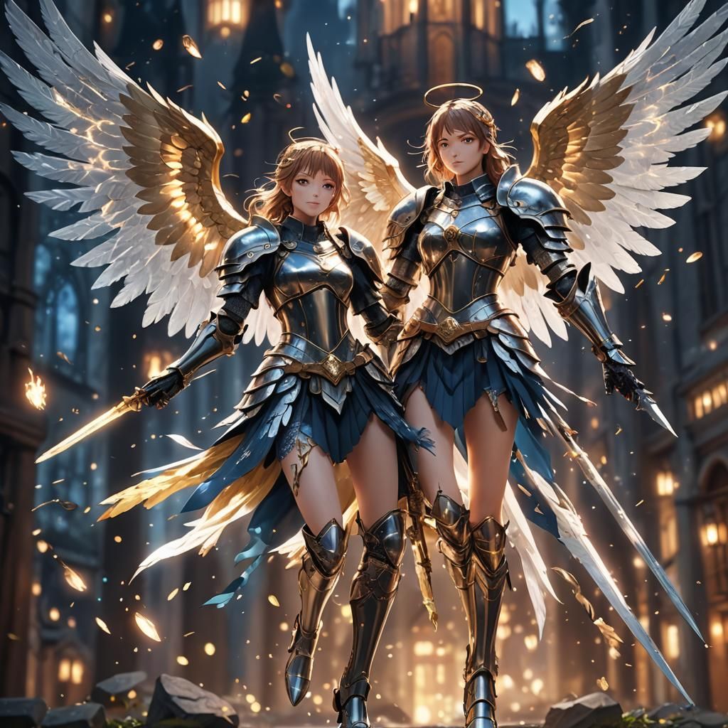 Flying Female Knight with Angel Wings in Anime Style