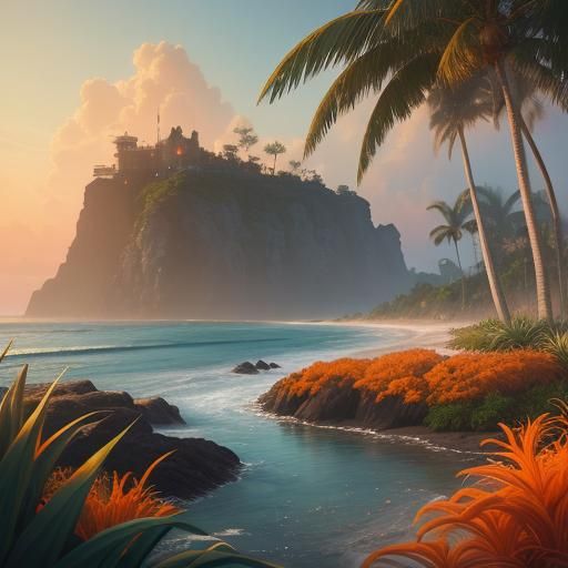 Beach at Dawn with Orange Glow, Watercolor and Oil Painting