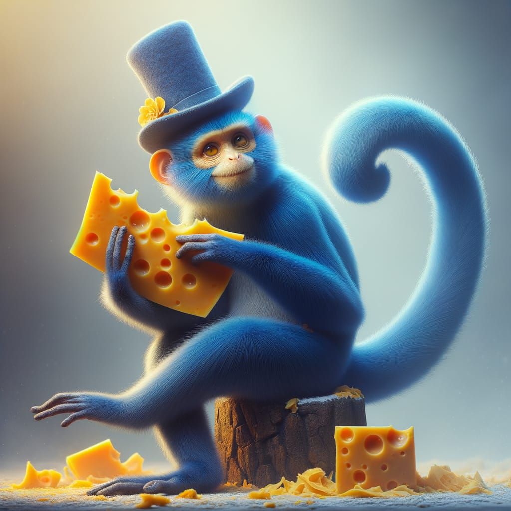 Sophisticated Blue Monkey Savoring Cheese in Elegant Top Hat