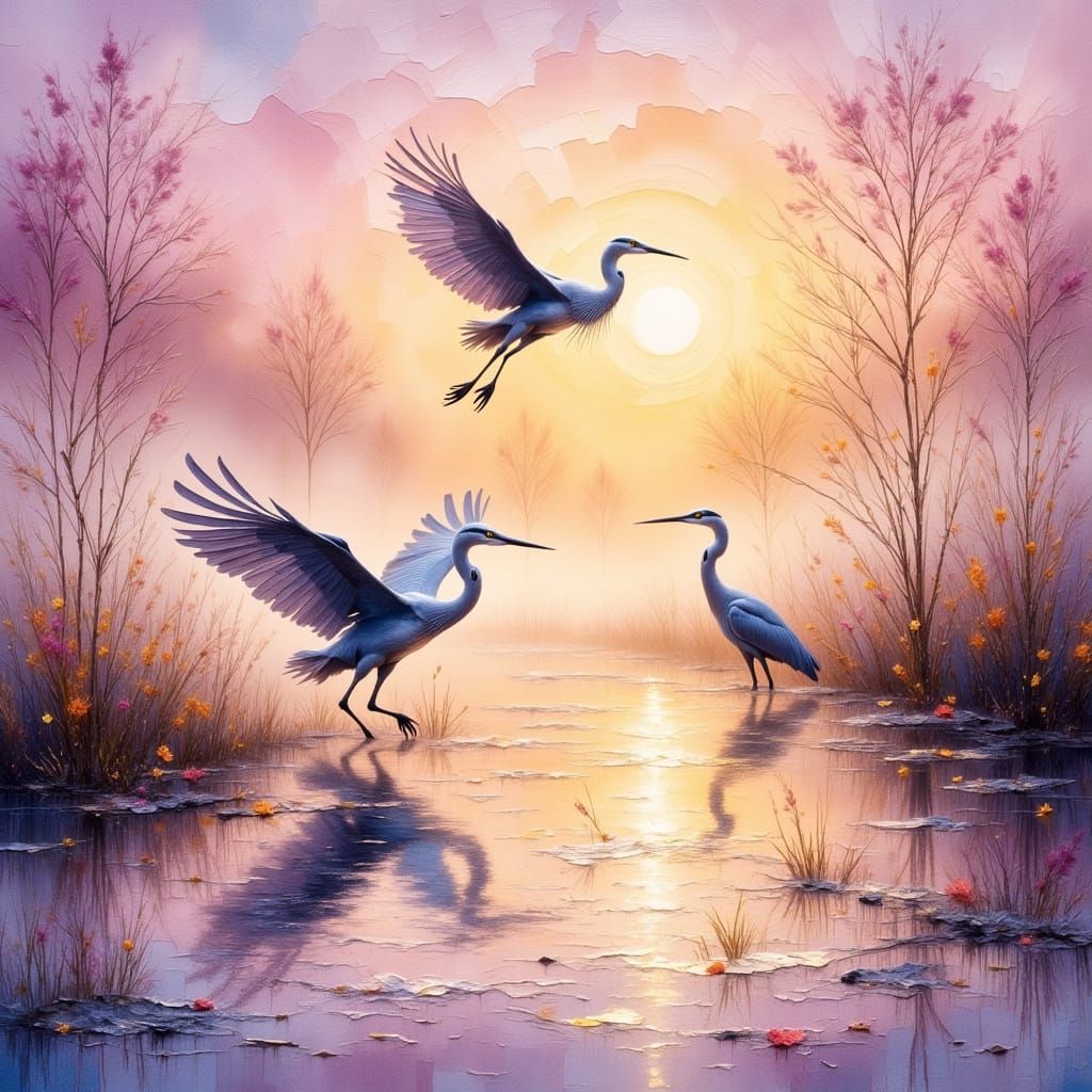 Serene Dawn Wetland with Herons in Impasto Style