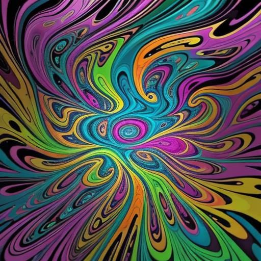 Psychedelic surrealism. Medium shot. People dancing and having fun in a vibrant, swirling party scene inside a brain. Wi...