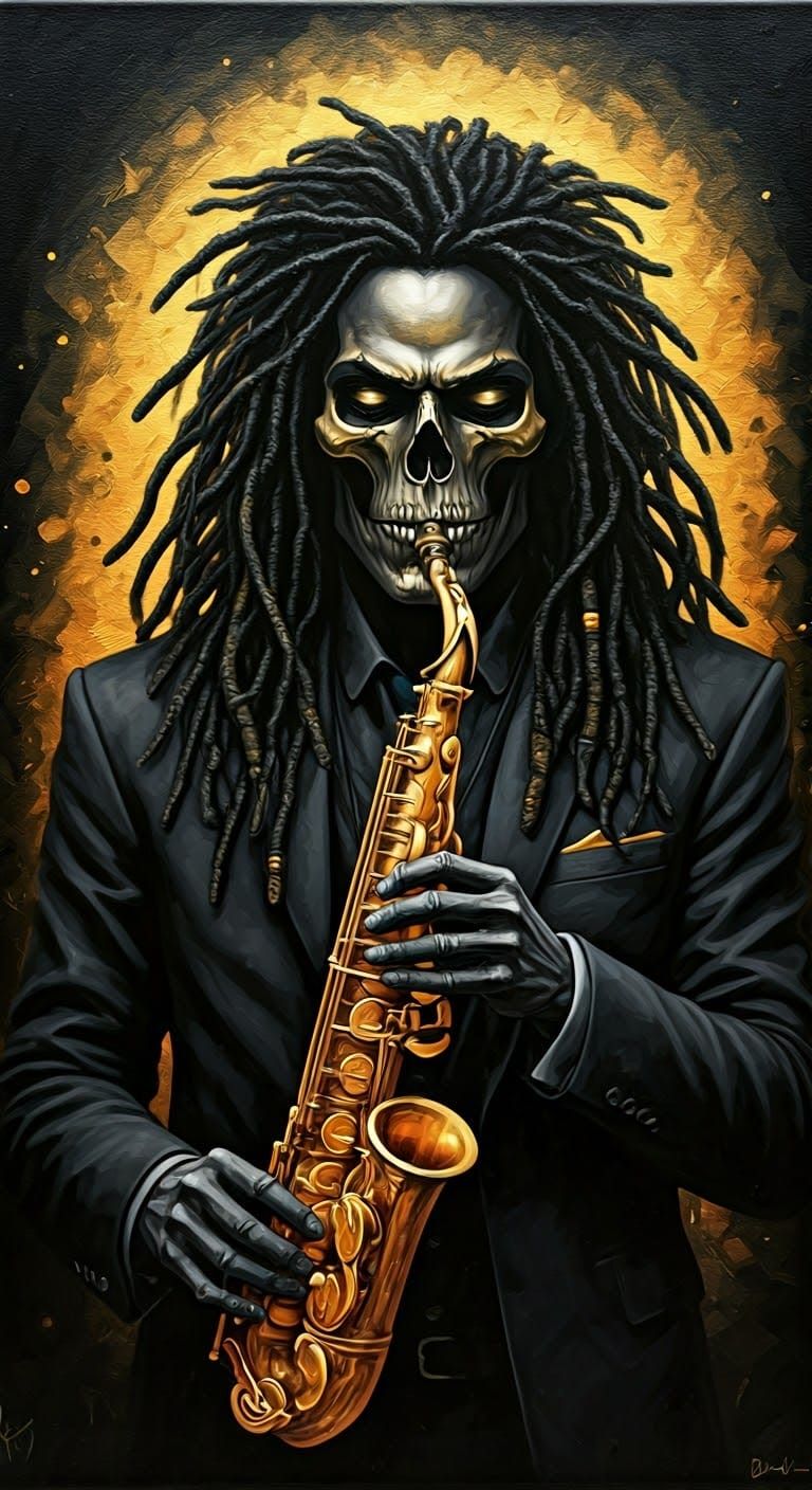 Baron Samedi Plays Saxophone in Grunge Style