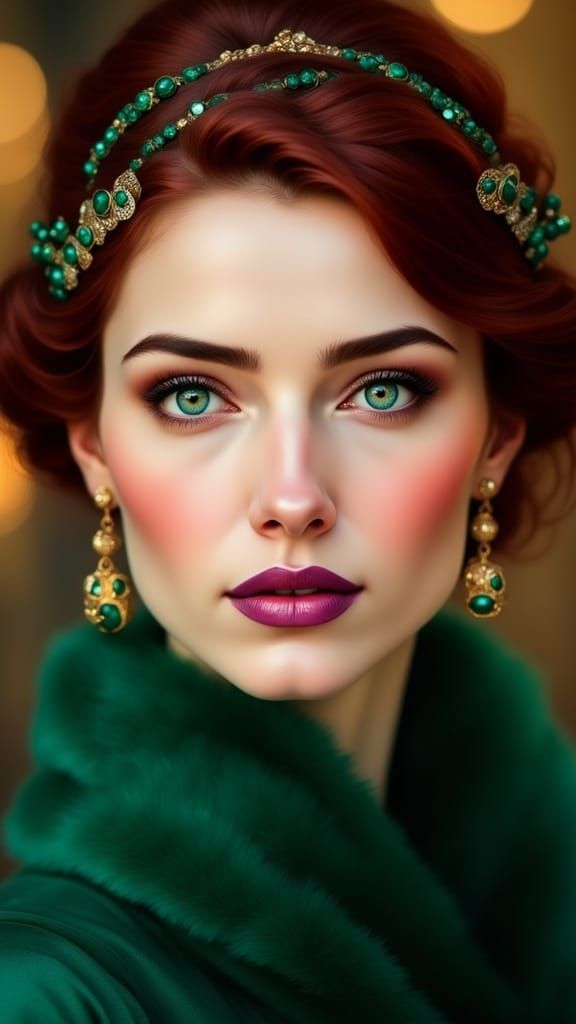 Charming Woman Portrait with Emerald and Burgundy Accents