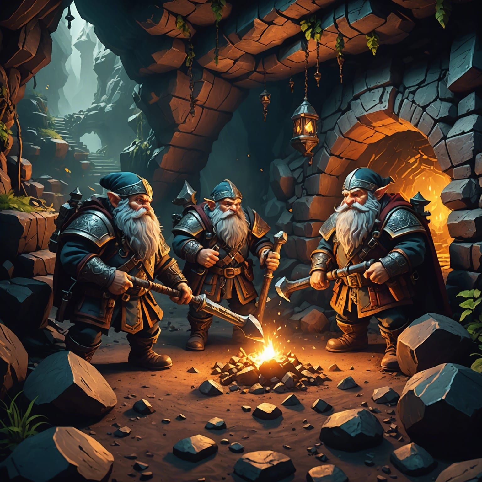 Dwarves Digging in a Video Game Cave: Fantasy Art