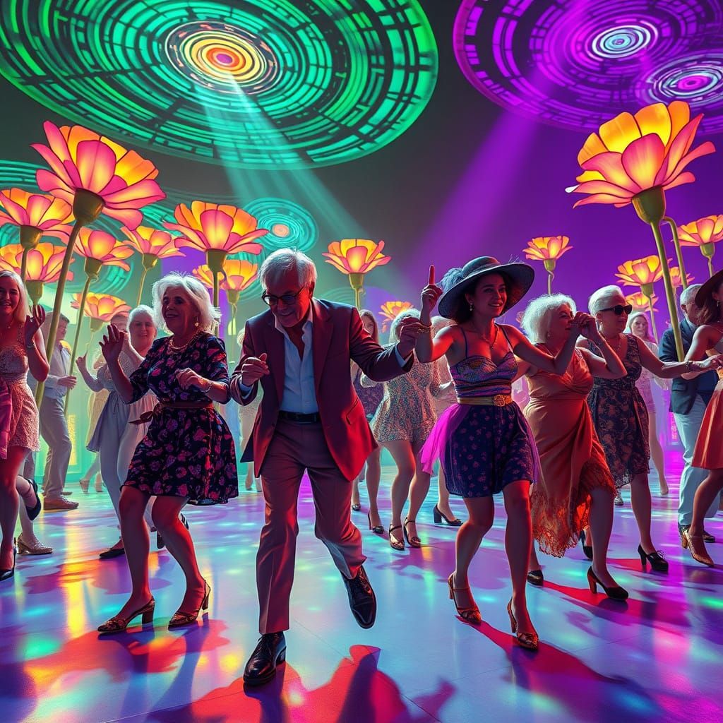 Seniors Dancing at Psychedelic Concert, Klimt-Inspired