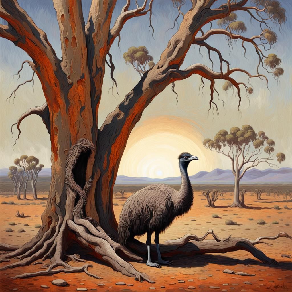 Despondent Emu in Outback Landscape Painting