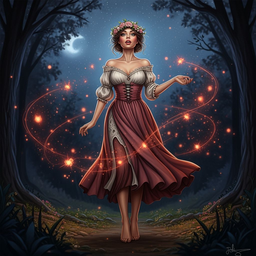 Romantic Forest Wench Illustration with Fireflies