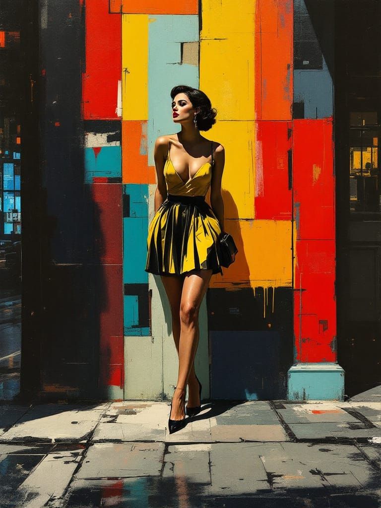 Pin-Up Woman in Geometric Noir Cityscape