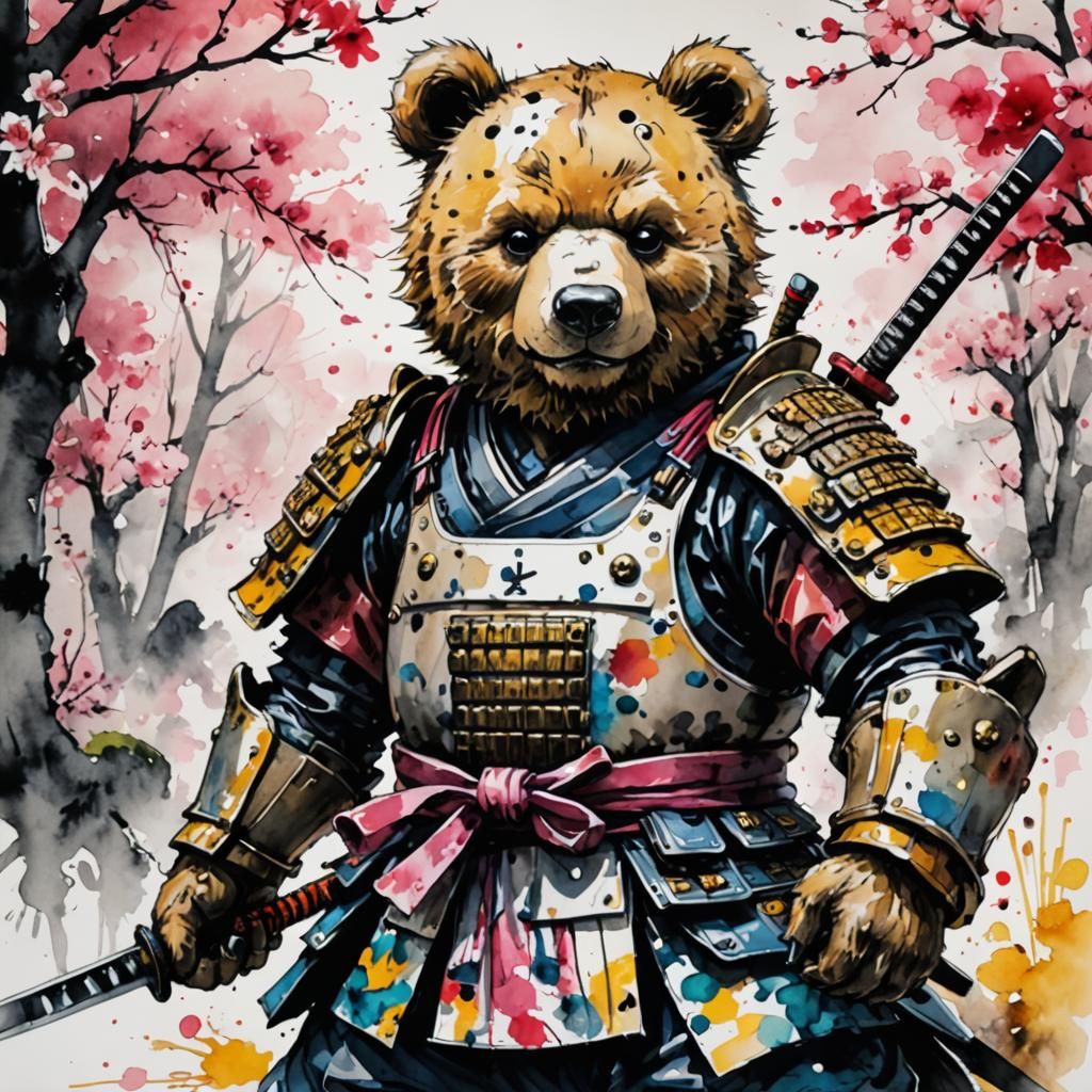 Teddy Bear Samurai in Watercolor Style