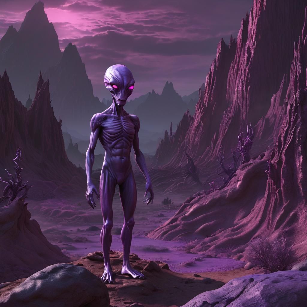 A Hyperrealistic 3D render of a purple neon scary alien world, oozing with shades of neon purple primordial alien lifefo...