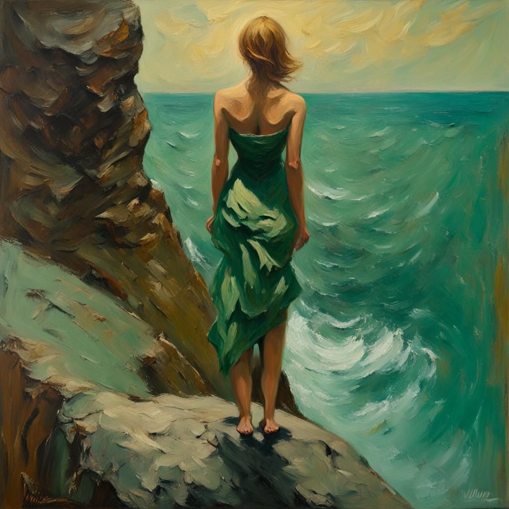 Woman on Cliff Edge in Impasto Oil Painting